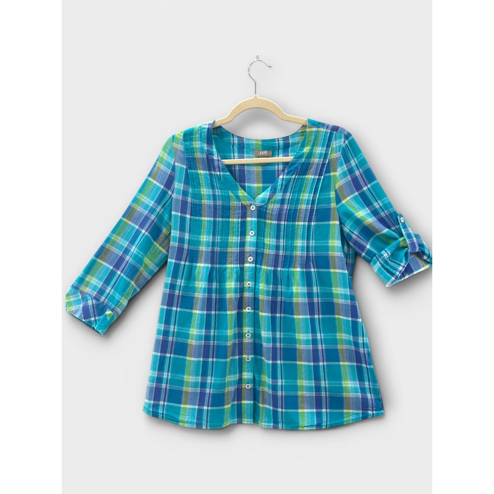 J Jill Plaid Tunic Top XS Blue Green Cotton Roll Tab Sleeve Button Front Coastal